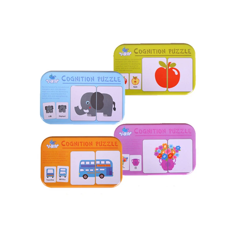 

Baby Cognition Puzzle Toys Toddler Iron Box Cards Matching Game Kids Cognitive Card Vehicl Fruit Animal Life Set Pair Puzzle
