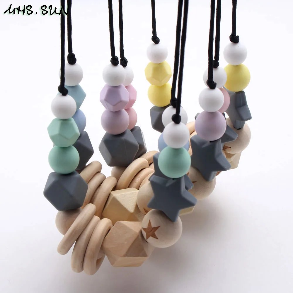 

MHS.SUN Baby Infant Silicone Wooden Beads Necklace Safty Teething Nursing Beads Necklace Colorful Breastfeeding Jewelry For Mom