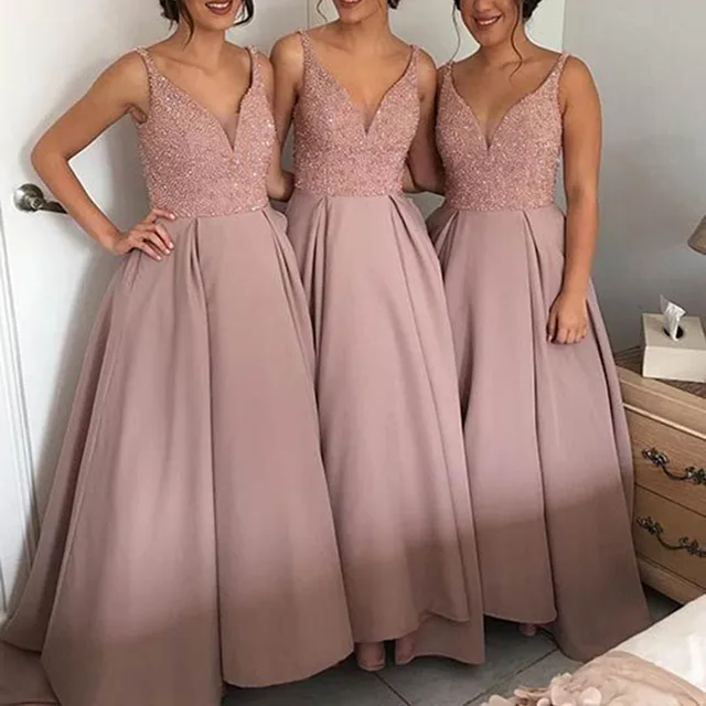 Glamorous Light Pink tulle Bridesmaid Dresses Long Beaded Satin Ball