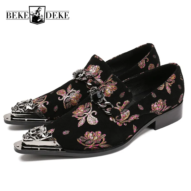 Fashion Mens Floral Printed Crystal Dress Shoes Male Metal Pointed Toe