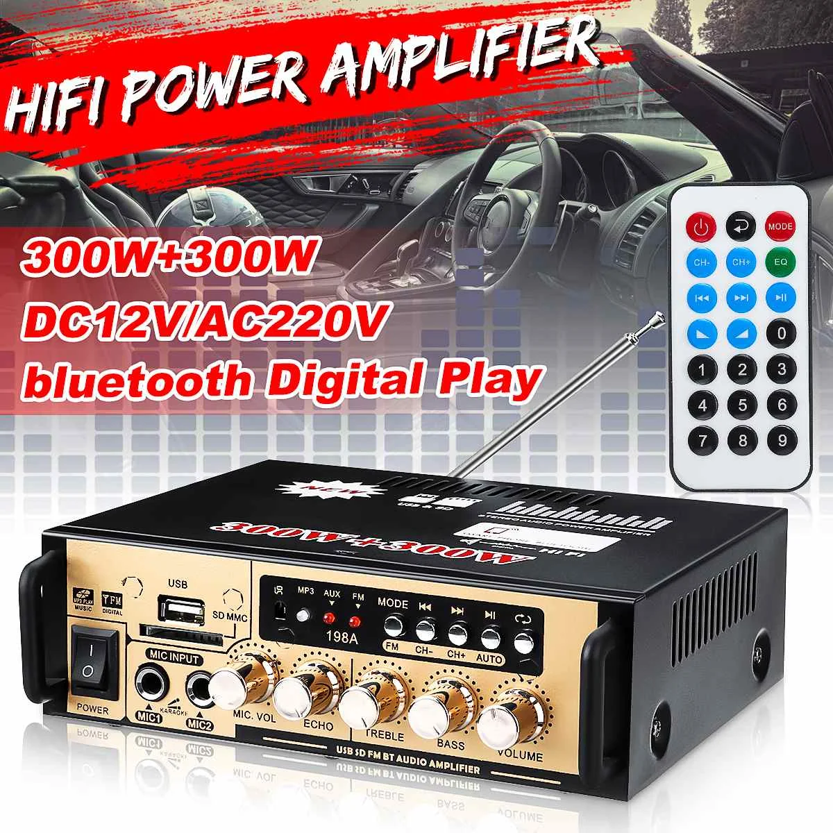 

600W Audio Power Amplifier Subwoofer bluetooth Amplifier Car Home Theater Sound Amplifiers USB FM Radio with Remote