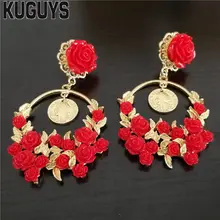 KUGUYS Vintage Red girlanda z róż kolczyki dla kobiet moda biżuteria barokowa hiperbola okrągła duża kropla kolczyk akcesoria imprezowe