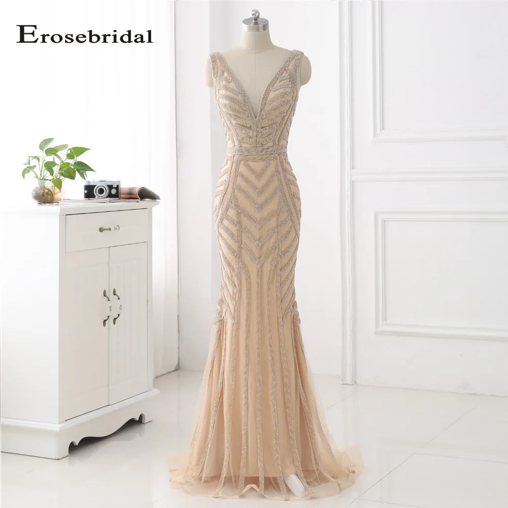 

48 Hours Shipping Champagne Evening Dress Long Erosebridal Deep V Neck Mermaid Party Gowns Women Wear Sweep Train ZLR015