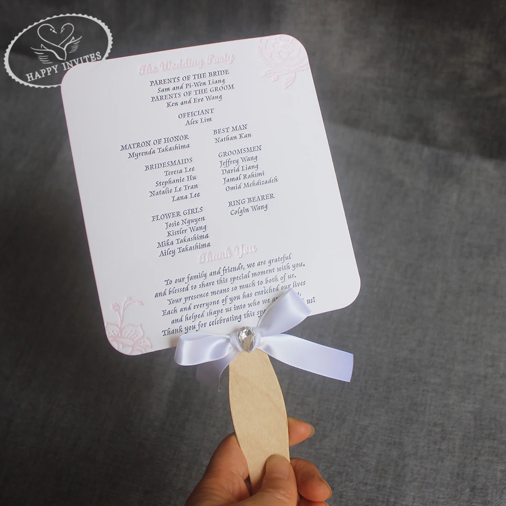 HI9035-08 Custom Elegant White Wedding Program Fan with Black & Pink Foil Letterpress Made in China