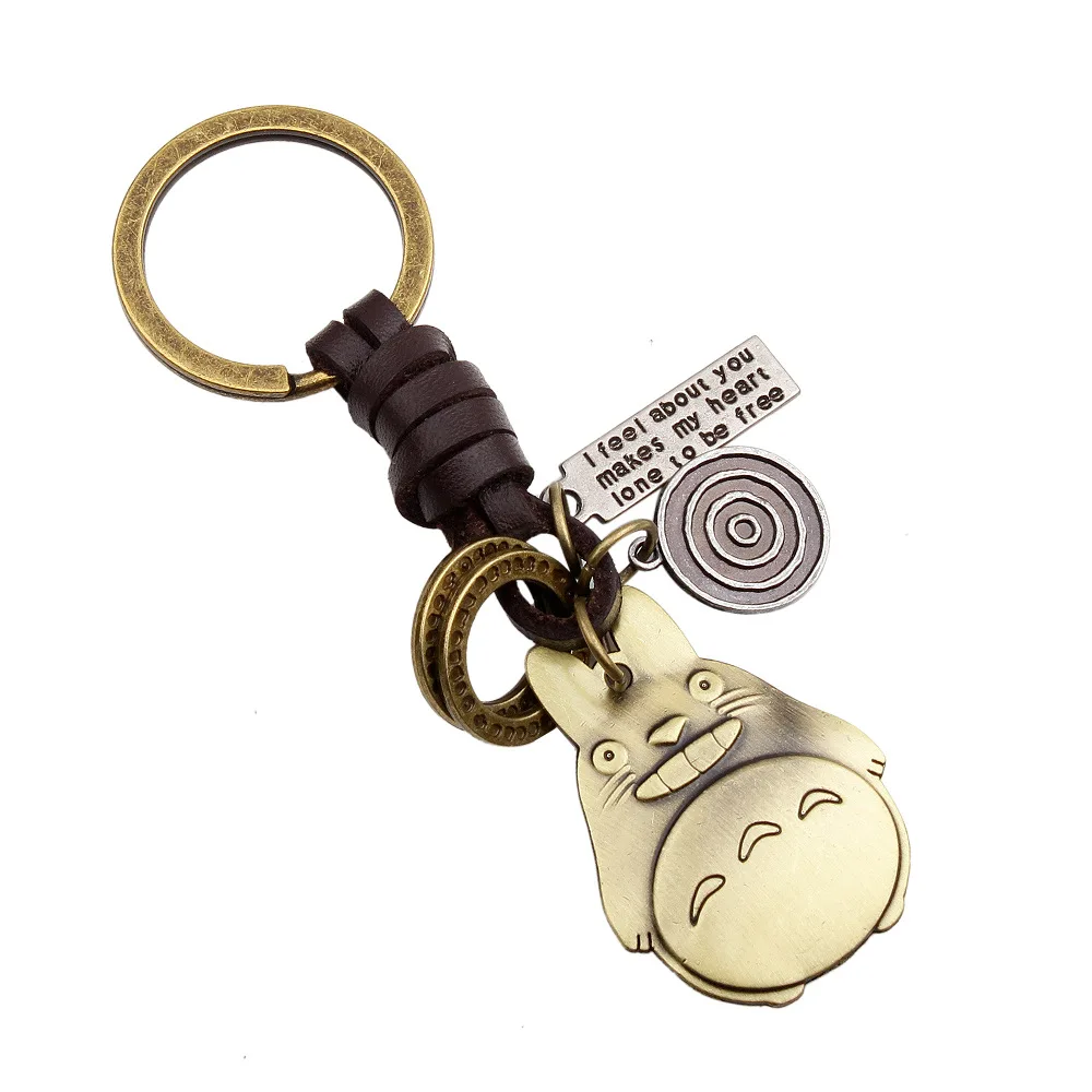 

Vintage Zinc Alloy Cartoon Cat Charm Key Ring Braided Genuine Leather Key Chain Auto Accessories
