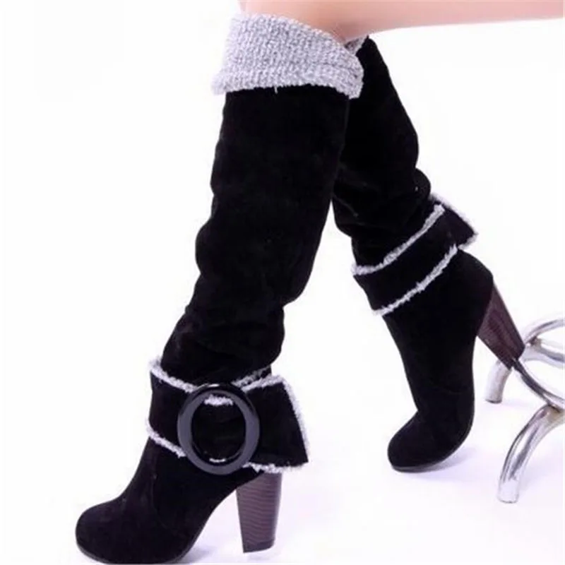 COVOYYAR/ г. Флоковые сапоги до колена модные женские сапоги с пряжкой зимняя обувь на толстом высоком каблуке Женская обувь, большие размеры 34-43, WBS105 - Цвет: Черный
