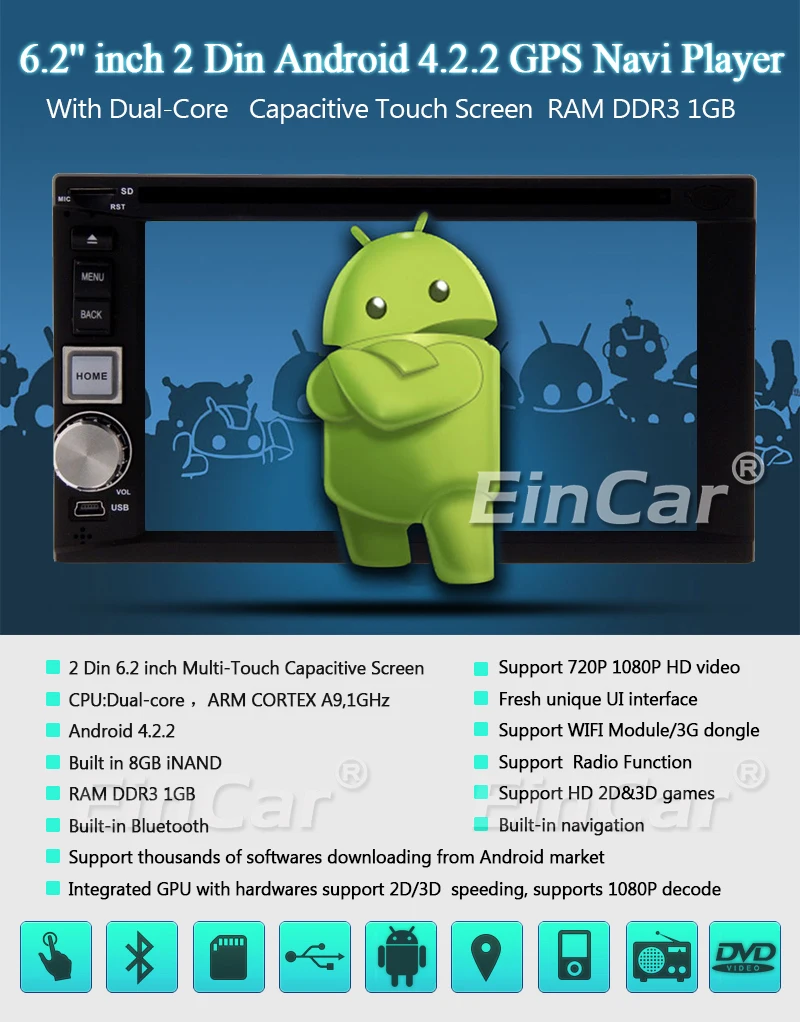 GPS Android 5.1 Lollipop Capacitive Car DVD Player Parts Radio Receiver CD Autoradio FM AM Video Vehicle Stereo Audio Bluetooth 2 Din Multimedia System iPod EQ Subwoofer Wi-Fi Cortex A9 Quad Core