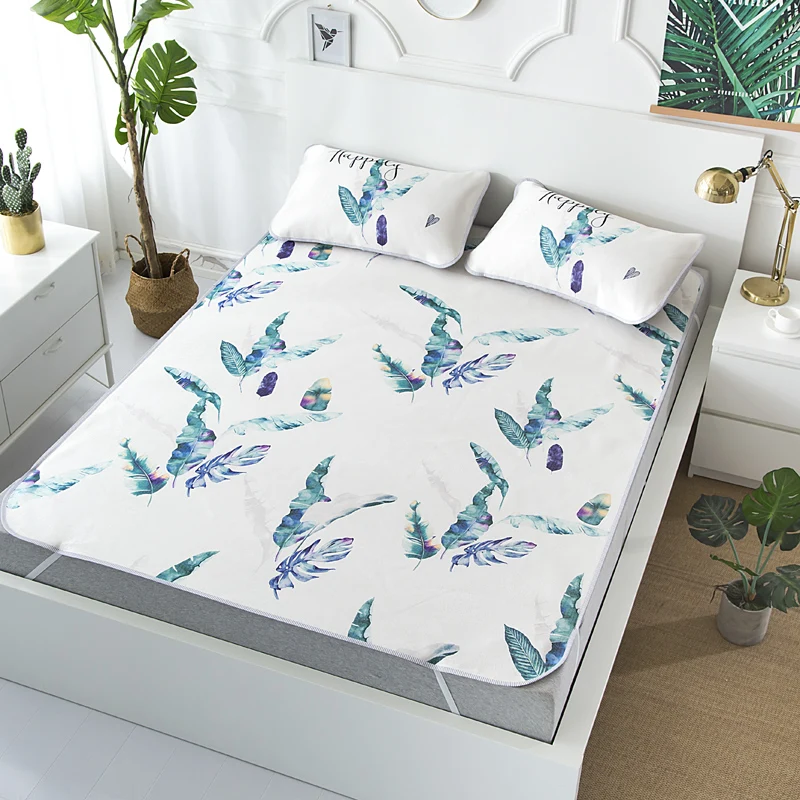 New Ice Silk Bedding Sets Summer Sleeping Mat Green Leaves Reactive