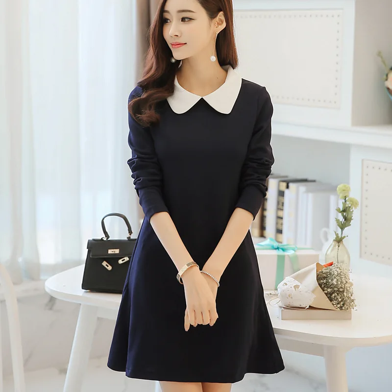 

Preppy Peter Pan Collar Dress Women Autumn 2018 Korean Fashion Long Sleeve Patchwork Vestidos Femme Mini A Line Navy Basic Dress