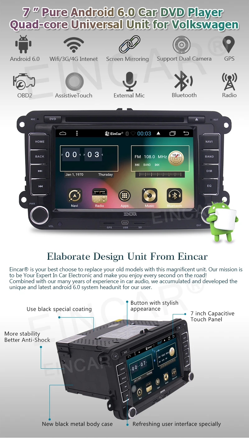 Sale For VW Jetta Passat 7" 2Din Android 6.0 Car DVD Player GPS WIFI 3G OBD2 Radio 1