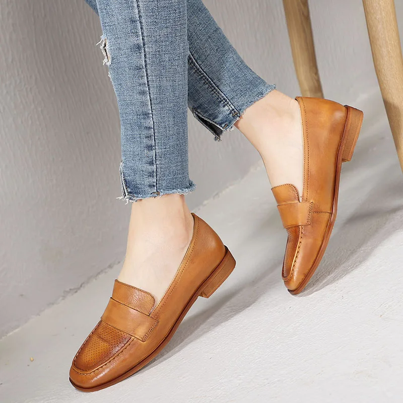 

2019 Square Toes Shoes Woman Flats Oxfords British Style Lady Flat Shoes Fretwork Genuine Leather Female Moccasins Shoes