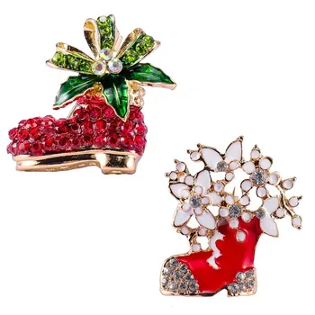 

Hot Enamel Leaf Rhinestone Christmas Boots Brooch Pin Holiday Shoes Brooches Jewelry Gift Accessory Wholesale 12Pcs