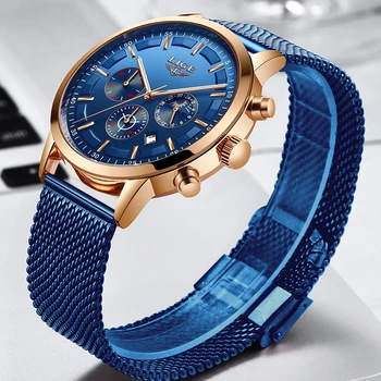 

Relogio Masculino LIGE Luxury Quartz Watch for Men Blue Dial Watches Sports Watches Moon Phase Chronograph Mesh Belt Wrist Watch