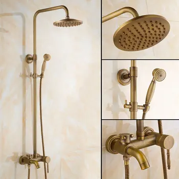 

2 Styles Wall Mounted Mixer Valve Rainfall Antique Brass Shower Faucet Complete Sets + 8" Brass Shower Head + Hand Shower + Hose