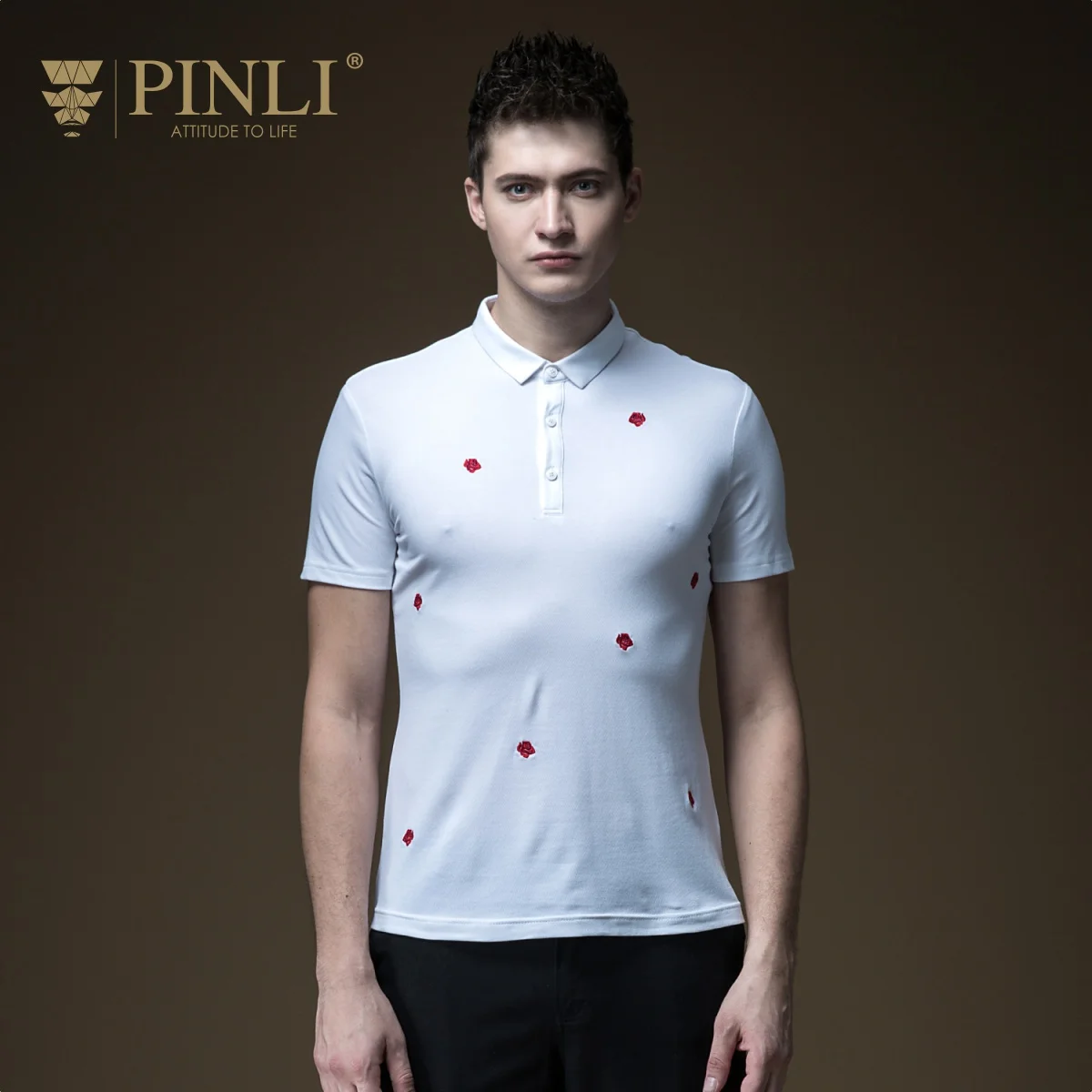 Pinli летняя хлопковая Повседневная однотонная тонкая Новая мужская рубашка поло с коротким рукавом и вышивкой B192112257 - Цвет: White