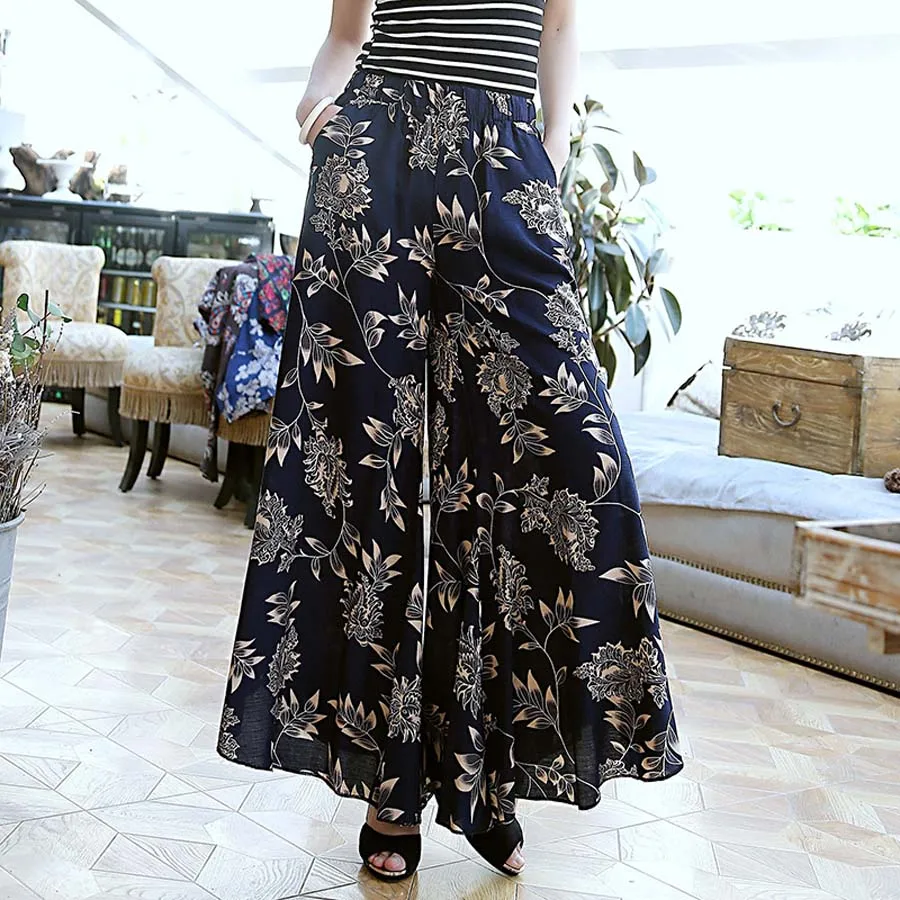 Для брюки женские летние Модные Винтажные Цветочный принт свободные широкие брюки Штаны Лето Повседневное хлопок белье Штаны женские большие размеры - Цвет: Color 3