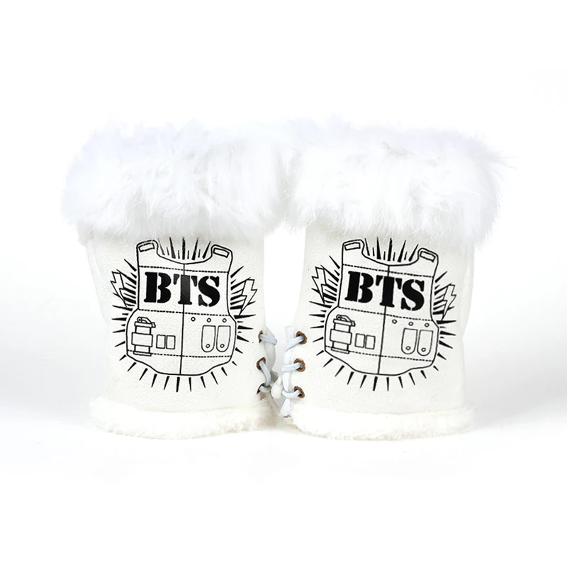 Winter BTS cute warm plush thick nylon warm gloves female plush fingerless personality rope gloves women's fur faux fur gloves