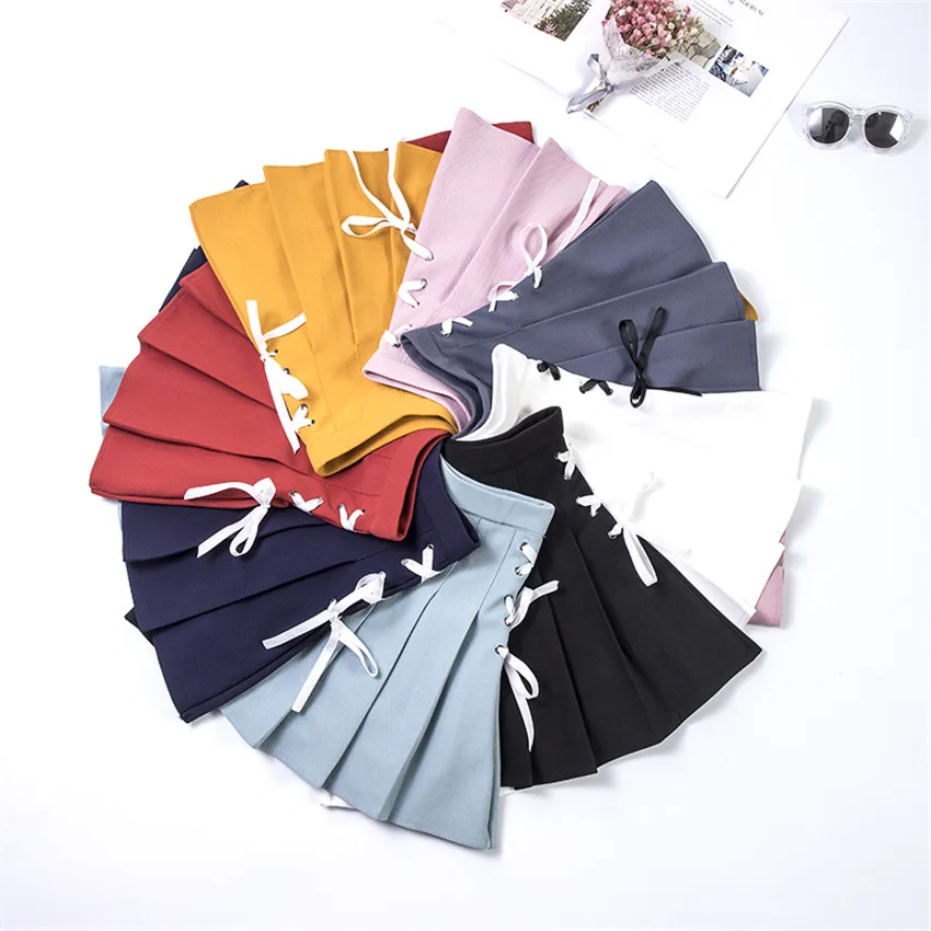 

2018 Plus Size S-2XL Women High Waist Pleated Skirt Japanese School Skirt Sweet Girls Lace-Up Solid Skirts Uniform Mini WZ637