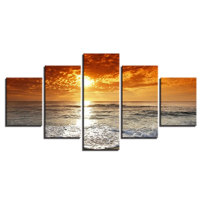 

Frameless 5 Panes Modern Spray Canvas Painting Sunset By The Sea Wall Poster for Living Room Decor Home Wall Artwork Pictures