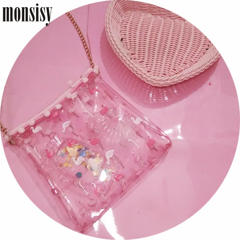 

Monsisy Flamingo Transparent Bag For Girl Pink Shoulder Bag Kawaii PVC Baby Coin Purse and Handbag Children Wallet Kid Beach Bag