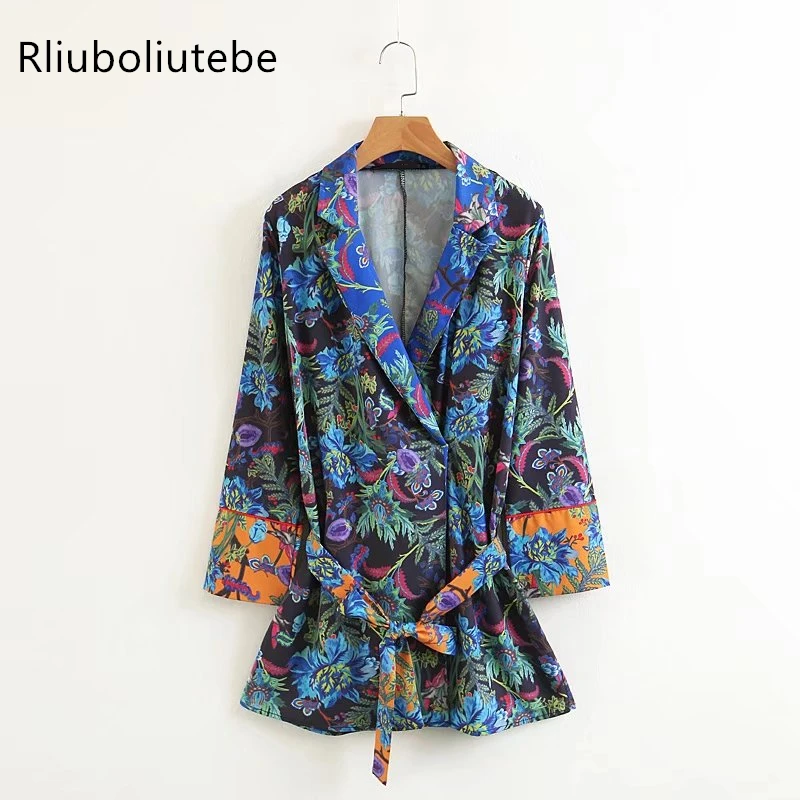 

Printed Slim Waist Long Kimono jacket women With Bow Tie Lace Up outerwear long sleeve Thin coat New Retro Spring Summer
