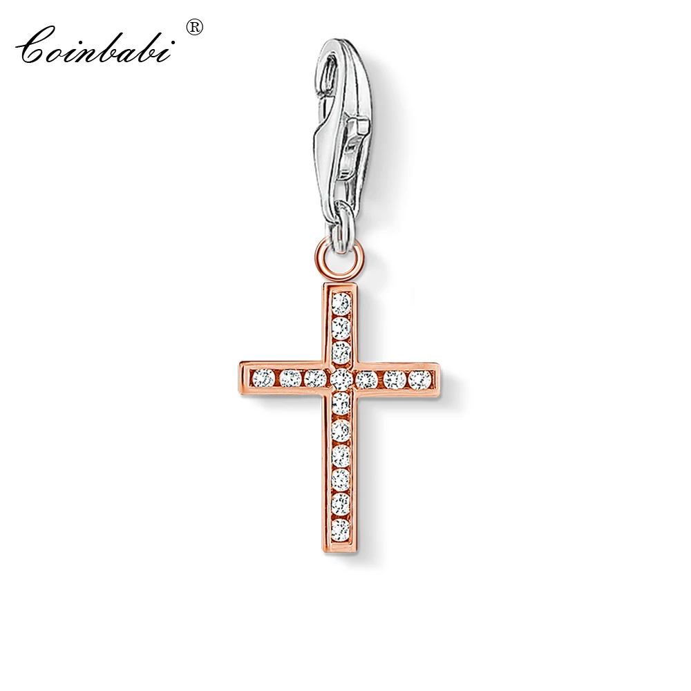 

Charm Pendant Rose Color Cross,2018 Fashion Jewelry Real Authentic 925 Sterling Silver Gift For Women Girls Fit Bracelet