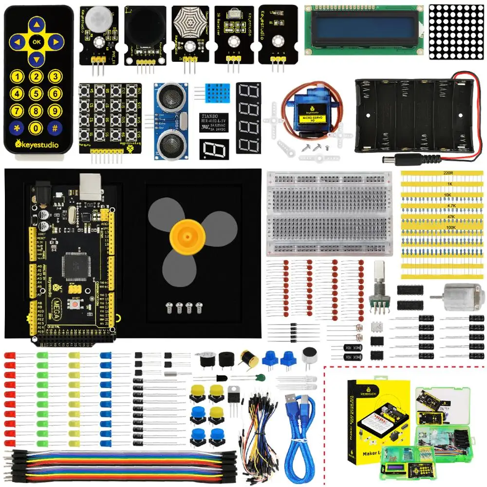 Tanie Zestaw startowy Keyestudio Maker (MEGA 2560 R3) do projektu Arduino W pudełku upominkowym + instrukcja obsługi + 1602LCD + podwozie + PDF (online) + 35 projekt + wideo