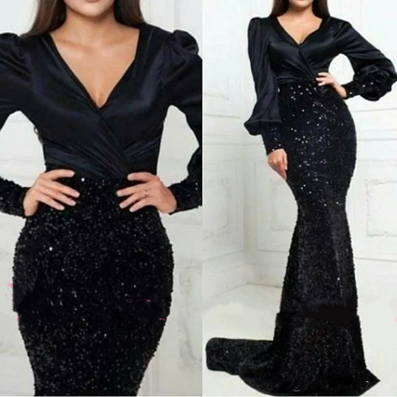 Длинные Сексуальные черные вечерние платья русалки с длинным рукавом и v-образным вырезом с блестками, вечерние платья для выпускного вечера, арабские Qatar Vestidos