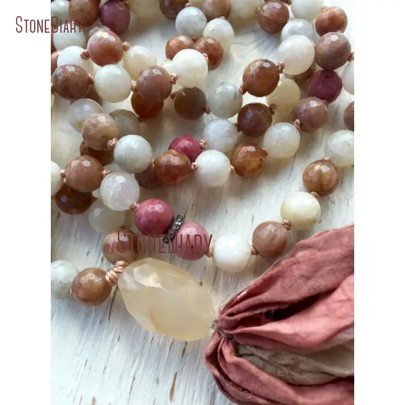 20180313-NM11083-10mm Faceted Moonstone Pave Diamond Sunstone Rhodonite 108 Mala Beads Goddess Yoga Jewelry Heart and Intuition Crown Chakra Silk Sari Tassel_3