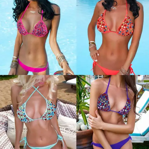 

2018 New Brazilian Women Sexy Diamond Swimwear Halter Bikini Set Push-Up Padded Swimsuit Traingle Bathing Suit Summer Beachwear