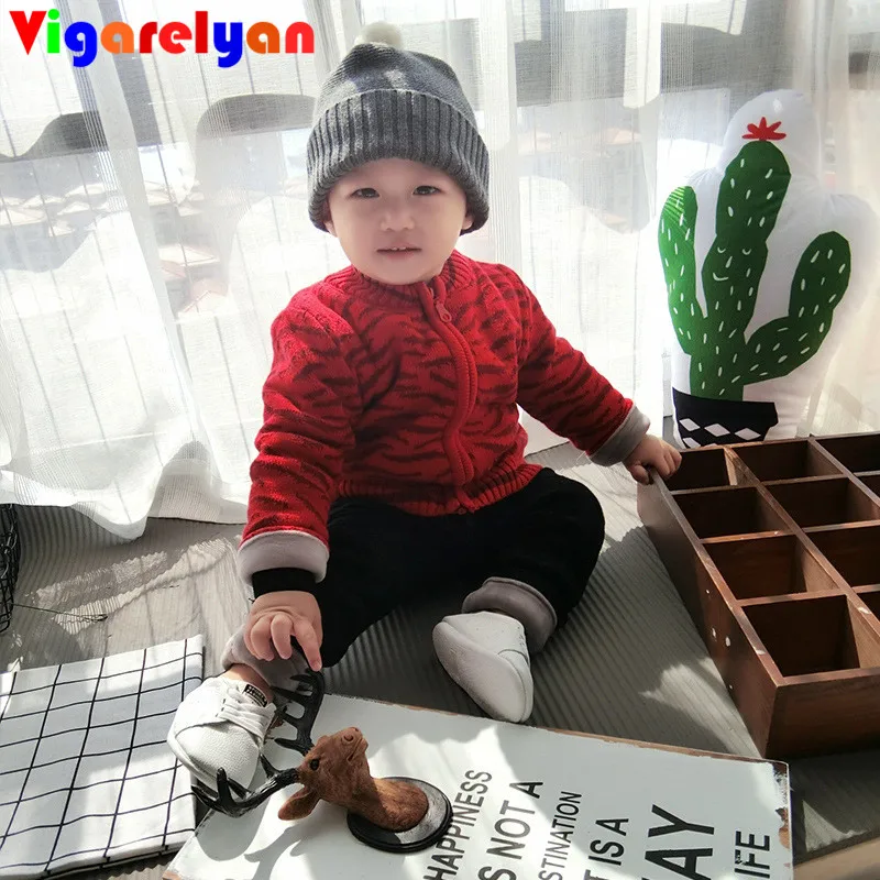 

Tiger Pattern Plus Cashmere Knit Jacket Winter Children Clothes Toddler Boys Thick Cardigan Outerwear Little Girls Sweater Coat