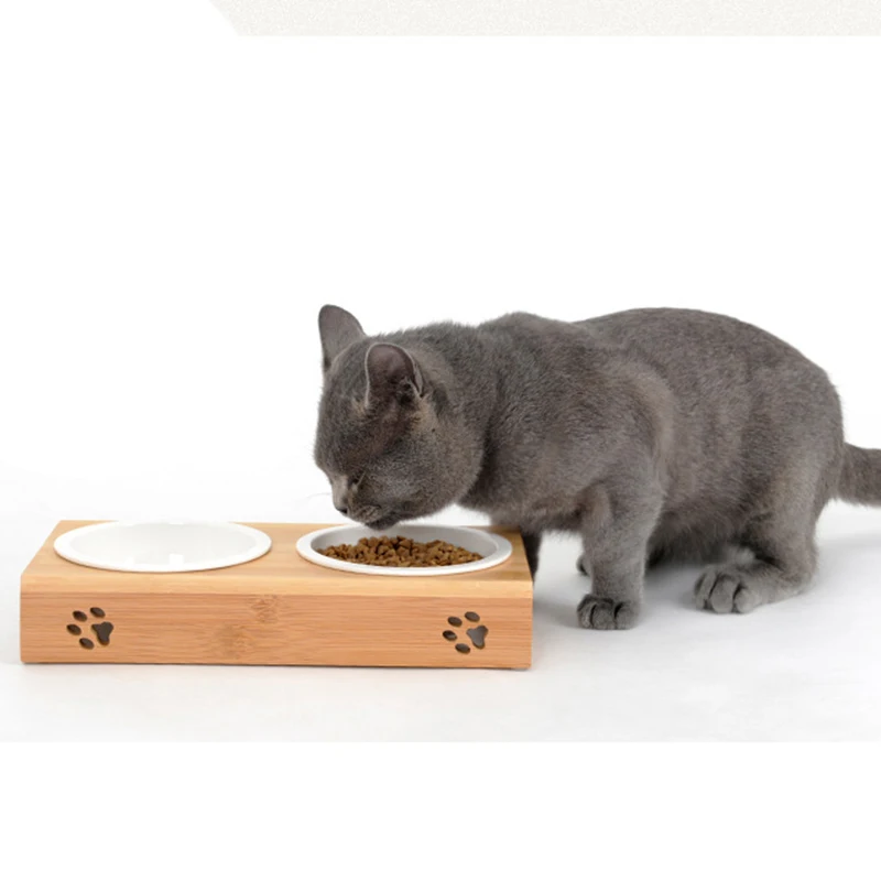 Cat Dog Pet Stainless Steel/Ceramic Feeding and Drinking Bowls Combination with Bamboo Frame for Dogs Cats | Дом и сад