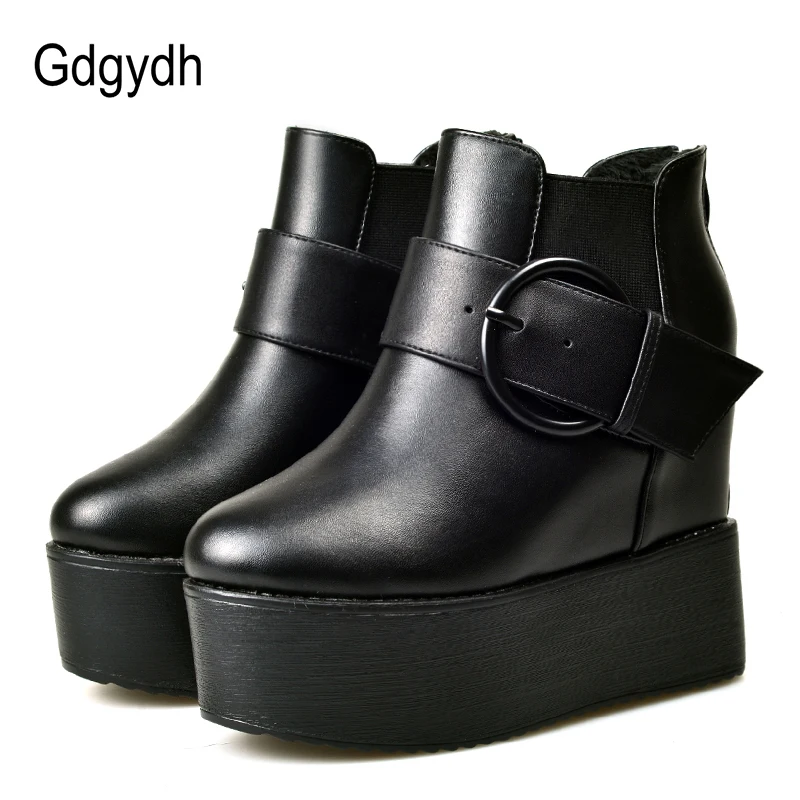 

Gdgydh Fashion Buckle Women Platform Ankle Boots High Heels Back Zipper Spring Autumn Wedges Shoes Woman Rubber Sole Drop Ship