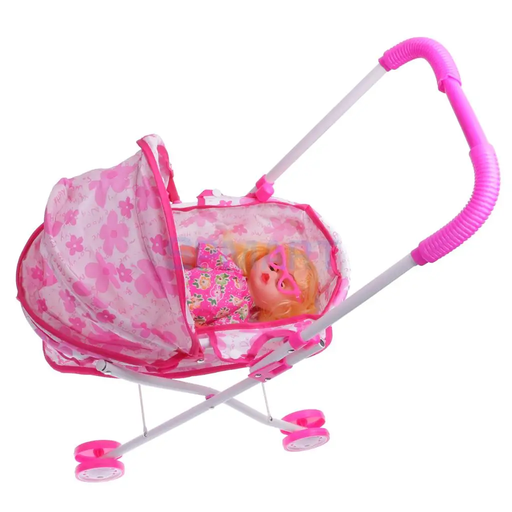 Plastic Doll Stroller w/ Baby Doll Children Play Pram Toy