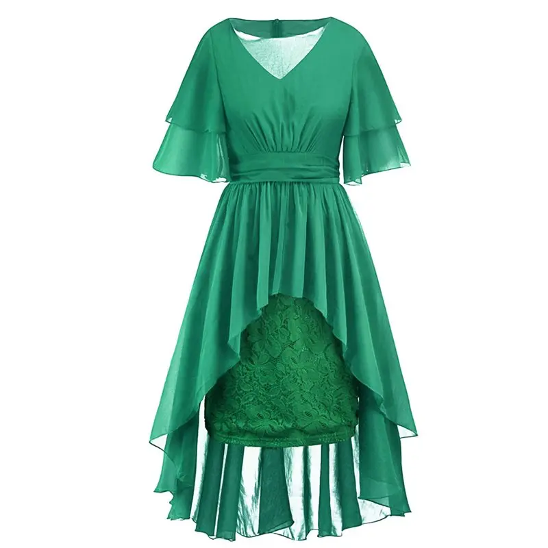 Элегантные сексуальные Клубные размера плюс вечерние готические женские длинные платья повседневные OL дамские зеленые шифоновые цветочные Плиссированные кружевные женские готические платья - Цвет: Зеленый