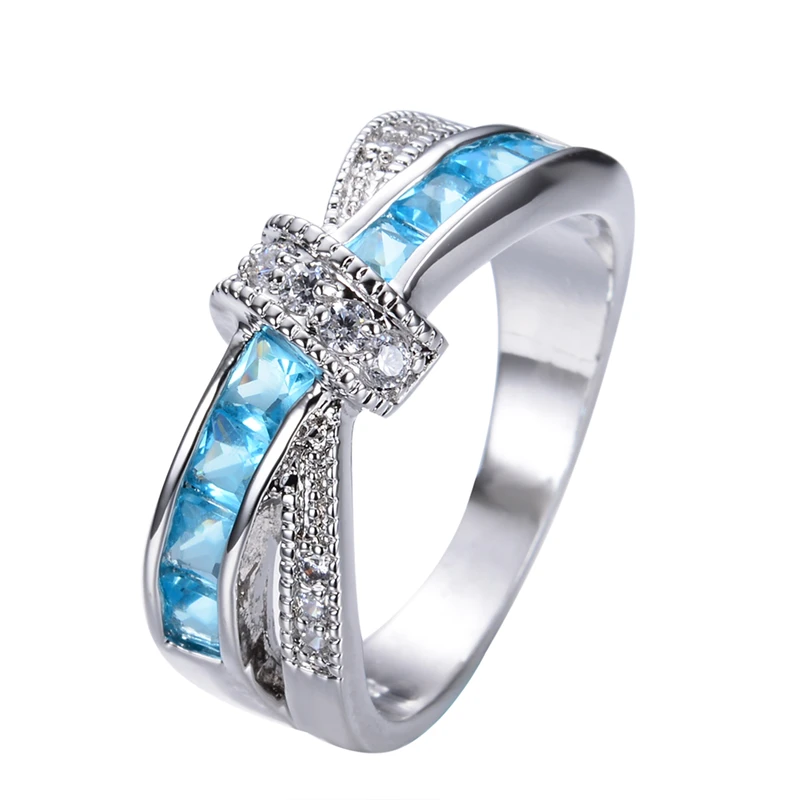 

Lucky Cross Style Light Blue Stone Vintage Jewelry Women Fashion Wedding Ring Anel White CZ Gold Filled Rings Sz6-10 RW0744