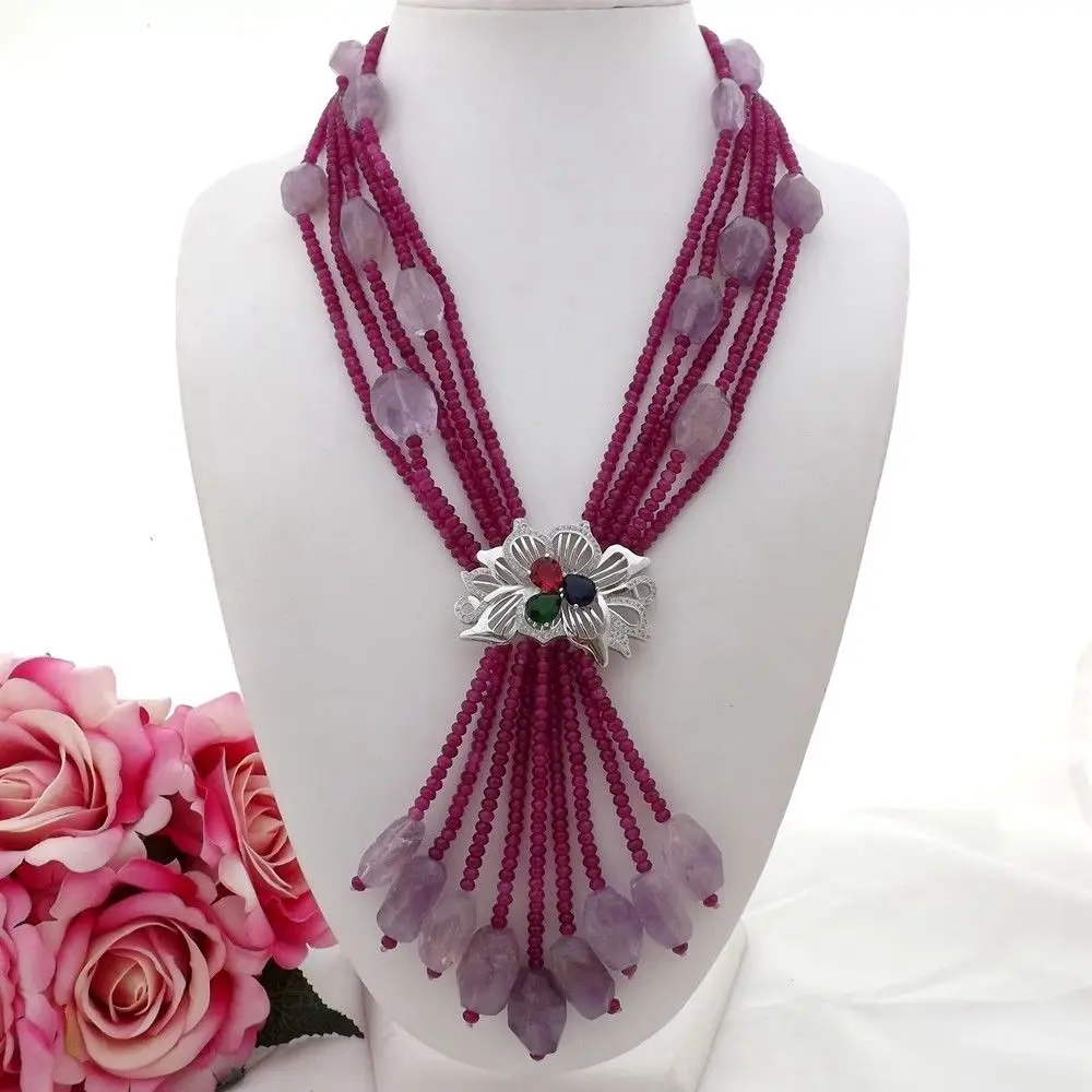 

GE082108 5Strands Purple Gems Stone Necklace CZ Pendant 20''