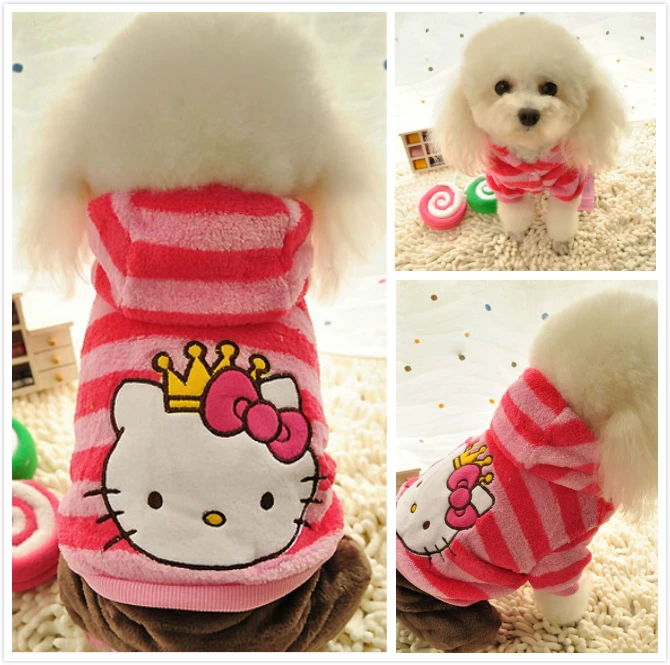Winter Hello Kitty Dog Clothes fleece jumpsuit Pink dog striped hoodie