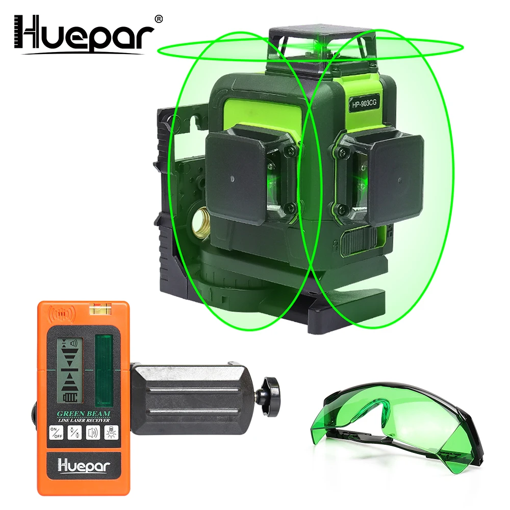 Huepar 12 линий 3D перекрестный лазерный уровень зеленый лазерный луч самонивелирующийся 360 вертикальный и горизонтальный с очками и лазерным приемником