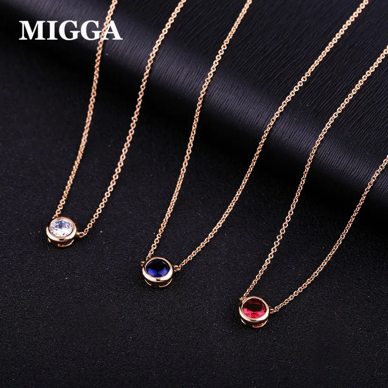 

MIGGA Elegant Single CZ Stone Zircon Crystal Pendant Necklace Rose Gold Color Choker Chain Women Jewelry