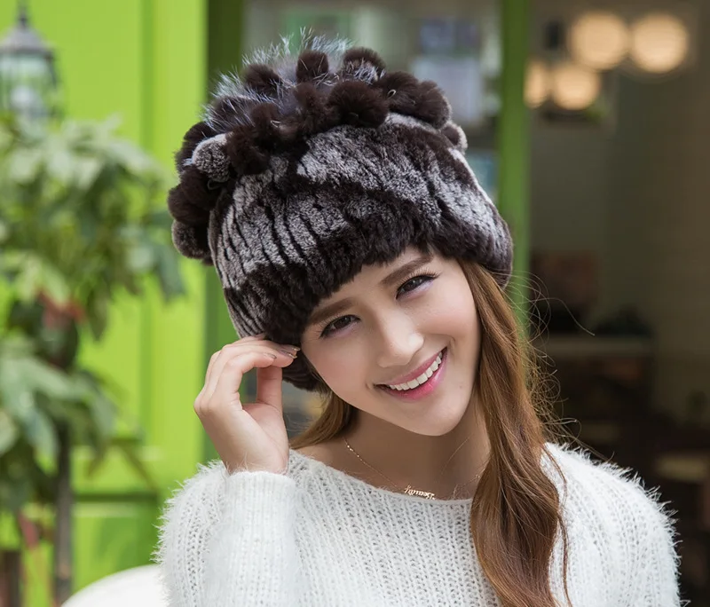 Dreamtach Фирменная Новинка модная зимняя шапка из меха кролика Рекс Женские шапки натуральная шапочка полосатый топ цветок теплая шапка s