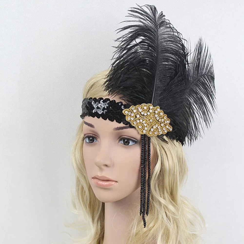 Vintage 1920s Black Feather Flapper Headband Headpiece Women Hair