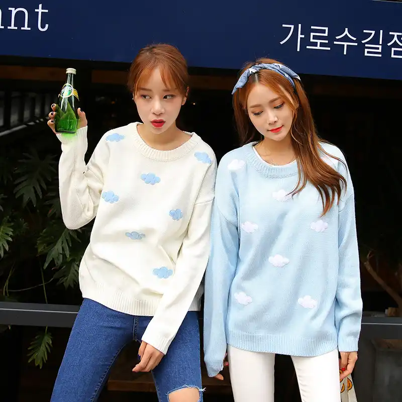 Korean Women Kawaii Stereo Blue Sky Cloudy Sweater For Women's Harajuku Thick Knitted O neck Female Pullover Knitted Ulzzang Korean Women Kawaii Stereo Blue Sky Cloudy Sweater For Women's Harajuku Thick Knitted O neck Female Pullover Knitted Ulzzang