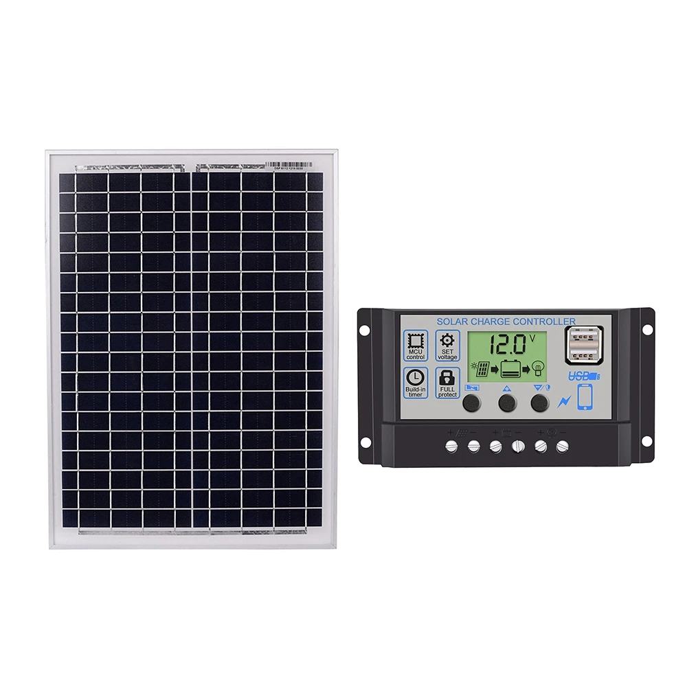 

Black 18V20W Solar Panels + 12V/24V Solar Controller With USB Interface