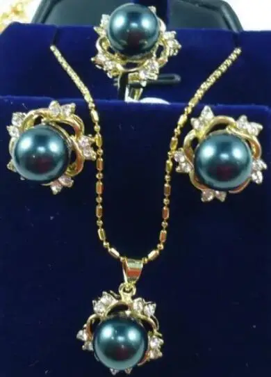 

Free Shipping >>Black South Sea Shell Pearl Earrings /Ring/ Necklace Pendant Set AAA Grade