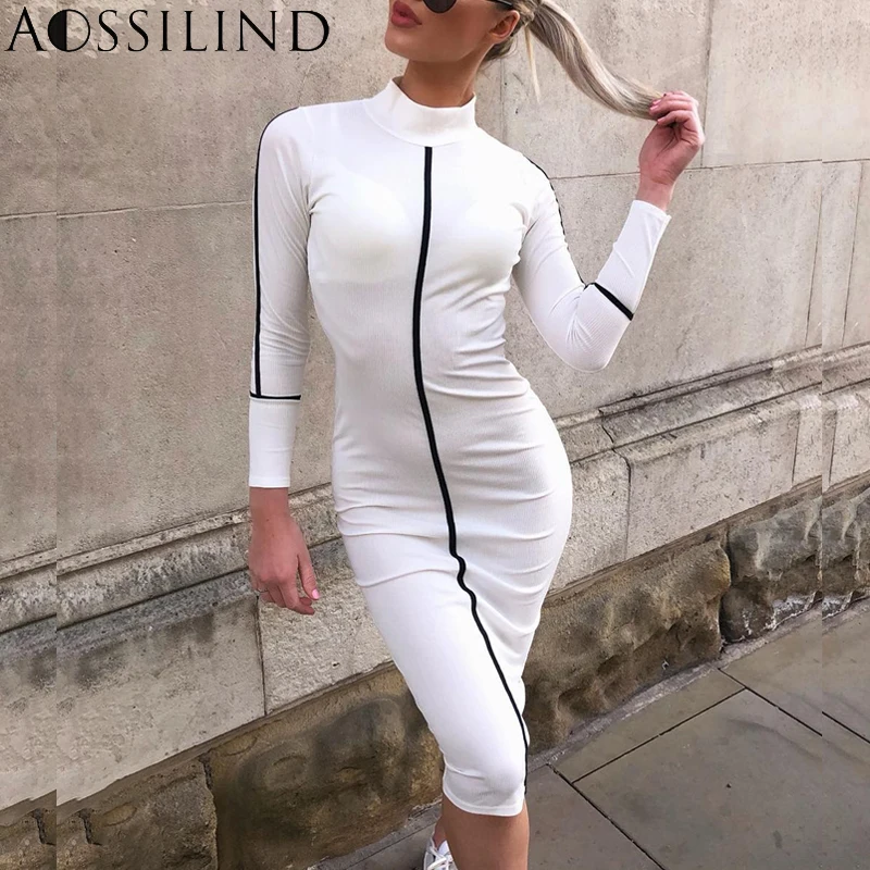 

AOSSILIND Casual bodycon midi dress Women long sleeve pencil dress Summer autumn female sheath party club dresses streetwear