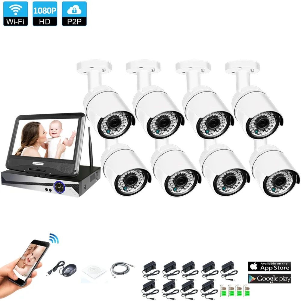

Wireless Surveillance System Network 10.1" LCD Monitor NVR Recorder Wifi Kit 8CH 1080P HD Video Inputs 2.0MP Security Camera