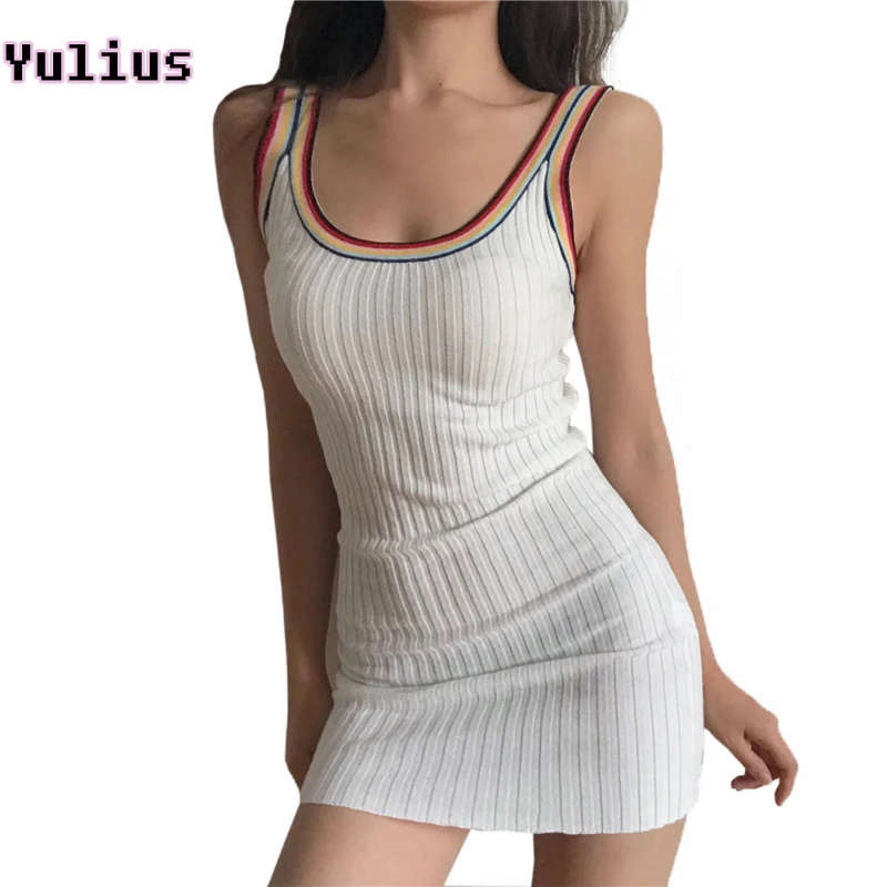 Knitted Mini Dress Female Europe and America Rainbow Edge Spaghetti