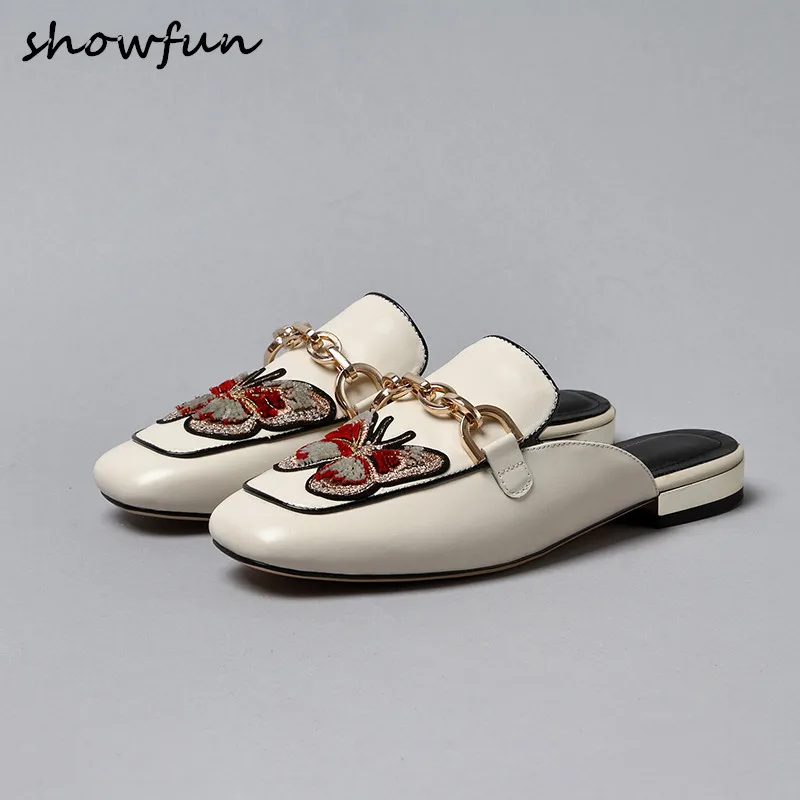 

Women's genuine leather Embroidery Butterfly chain slip-o flats mules brand designer square toe summer leisure slides shoes sale
