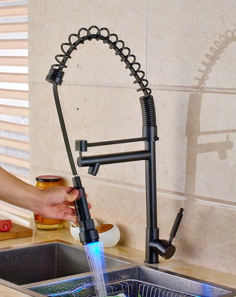 Luxury Oil Rubbed Bronze Finished Deck Mounted Single Handle Mixer Tap LED Spout Pull Out Mixer